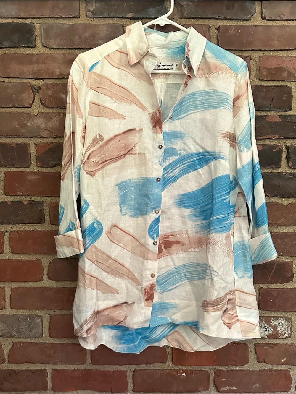I Linen 3/4 Cuffed Sleeve Button Front Tunic Pocket Medium -37 chest